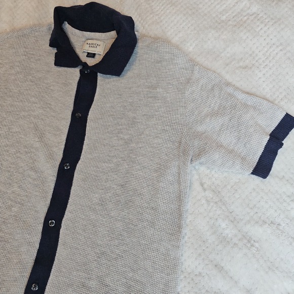 American Eagle Collared Henley Shirt Small Waffle Knit Mens Classic Fit Preppy - Picture 5 of 7
